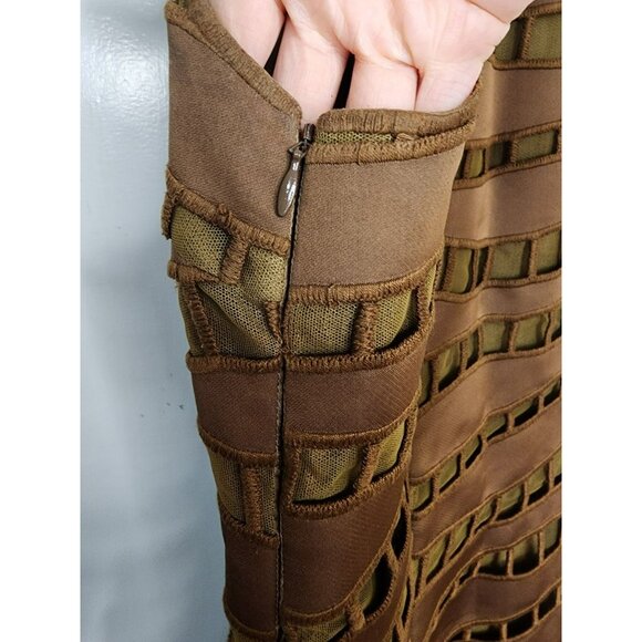Size 6 AKRIS Caramel Gold Brown V-Neck Dress Textured Stripes 100% Silk $3990 - Picture 6 of 9